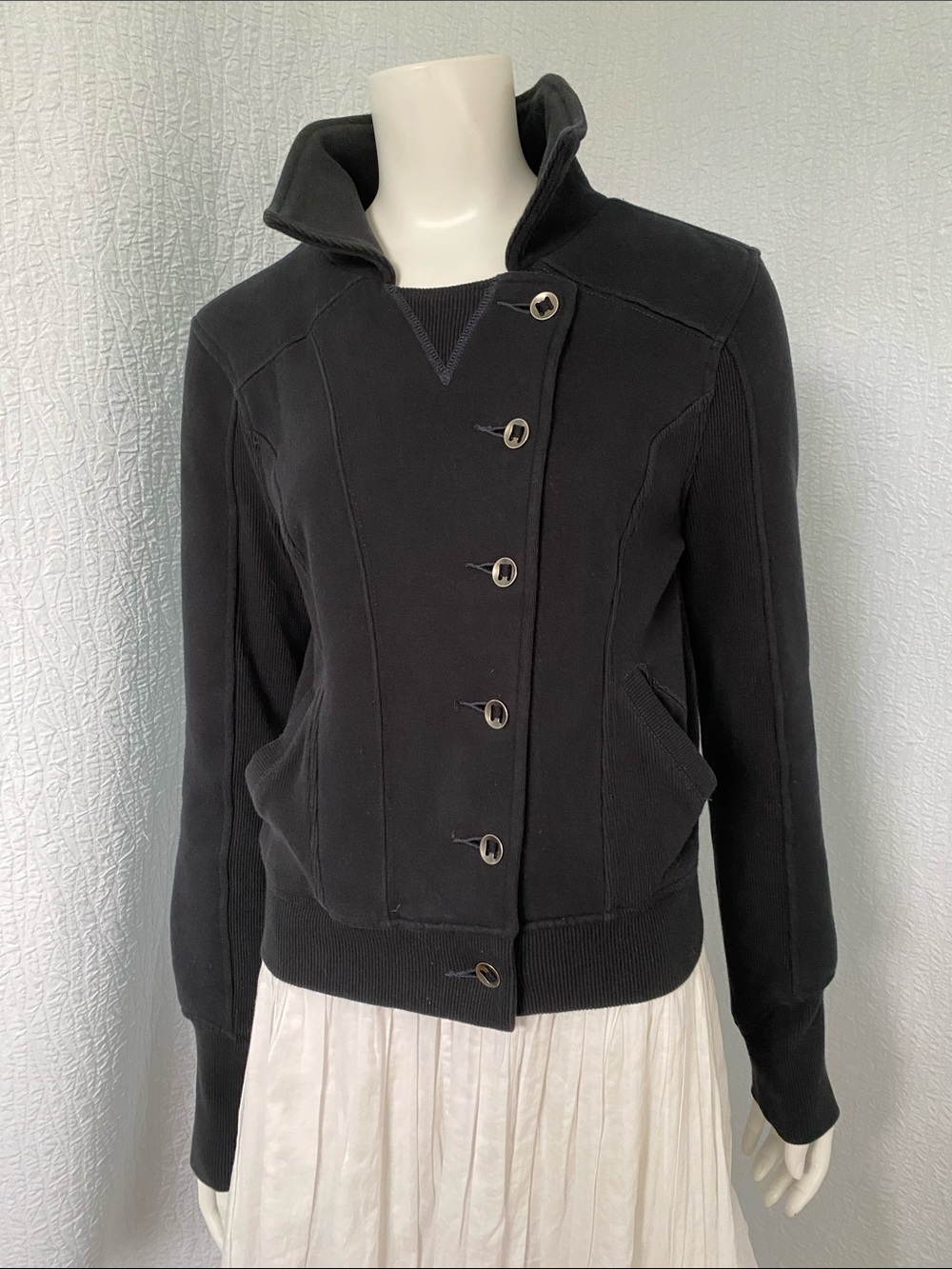Free People Black Bomber Sweatshirt Double Breasted Cropped  Jacket Y2K